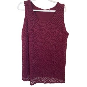 Susan Graver Size 1X Sleeveless Burgundy Zebra Lace Overlay Liquid Knit Top